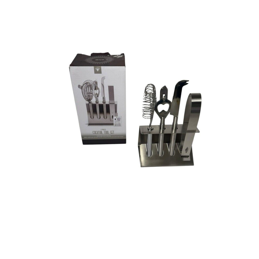 5 Piece Cocktail Tool Set Brushed Stainless Steel Includes Stand